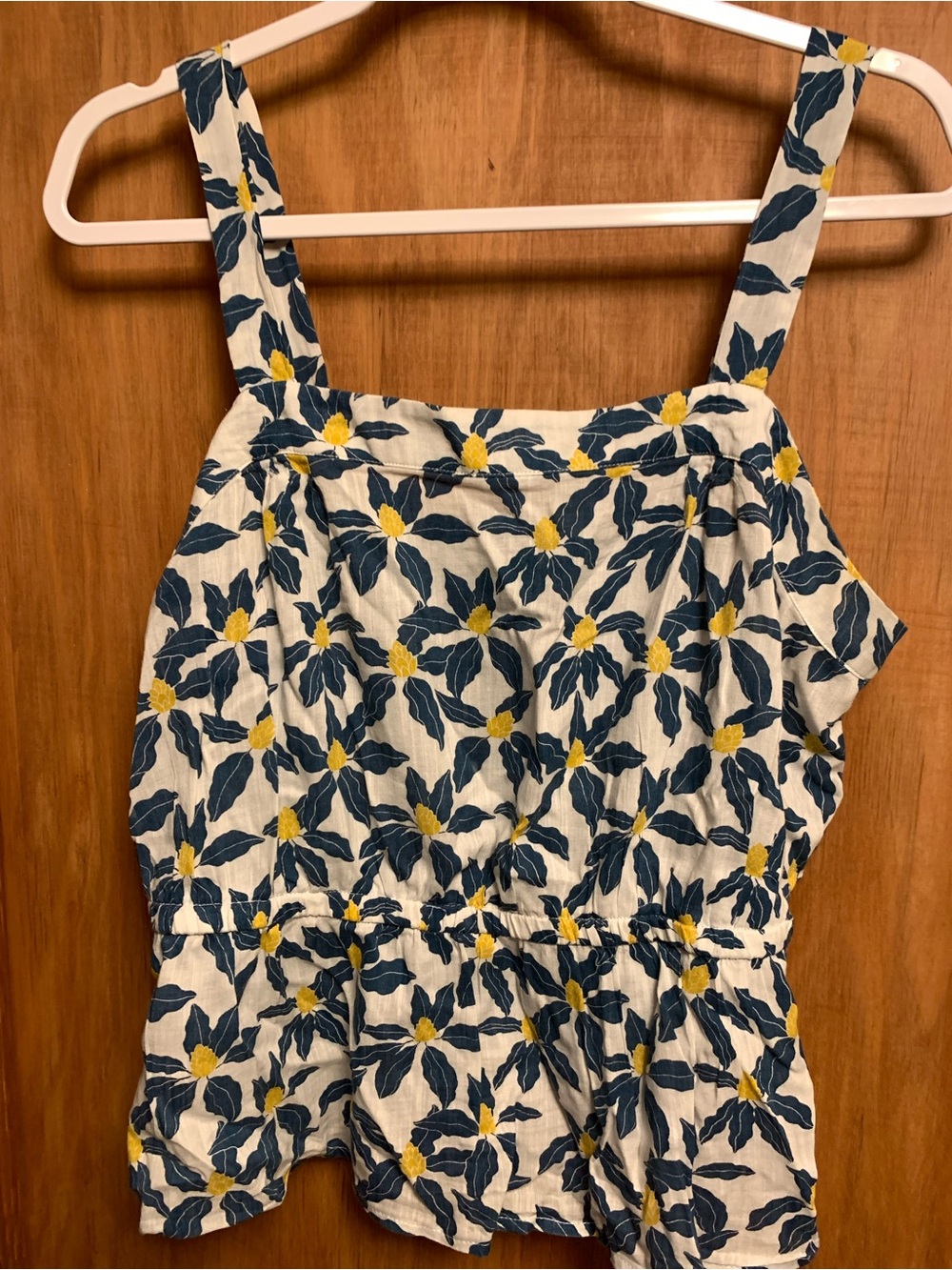 dip White summer thin strap blouse with blue Leaf and Yellow Floral Print